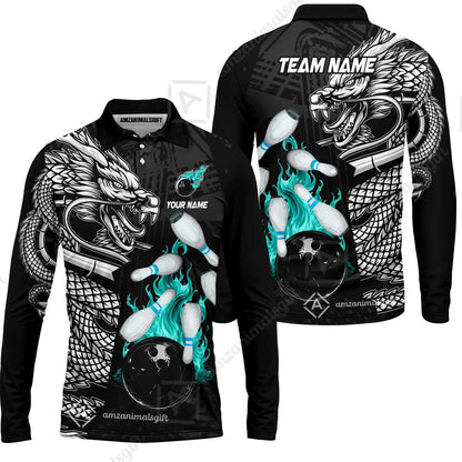 Custom Bowling Team Jerseys Polo Shirts, Bowling uniforms Bowling & Pins Dragon Flame Fire Multicolor Options Personalized Name And Team Name