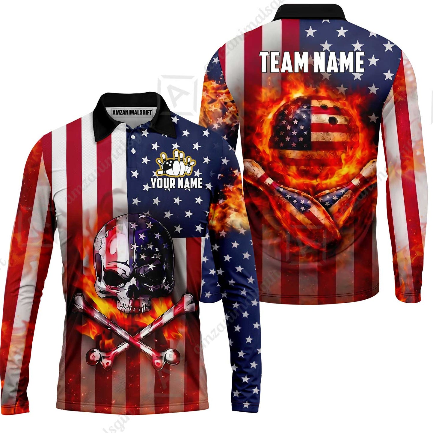 Customized Patriotic Flaming Skull Bowling Jersey, Custom Name And Team Name For Bowlers