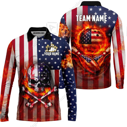 Customized Patriotic Flaming Skull Bowling Jersey, Custom Name And Team Name For Bowlers
