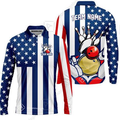 Customized American Flag Bowling Polo Shirt, Red White Blue Bowling Team Jerseys Polo Shirts, Bowling uniforms, Perfect Outfit For Bowlers
