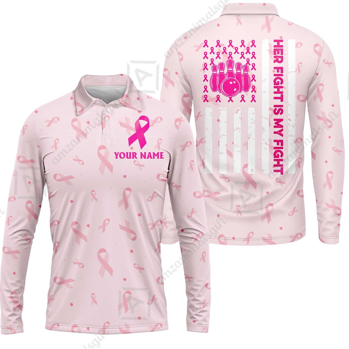 Custom Bowling Jersey Polo Shirt, Her Fight Is My Fight, Personalized Name And Team Name