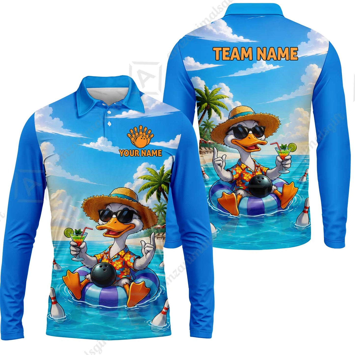 Custom Bowling Jersey Polo Shirt, Tropical Beach Duck Vacation Bowling, Custom Bowling Jersey Team Shirt For Players With Name and Team Name