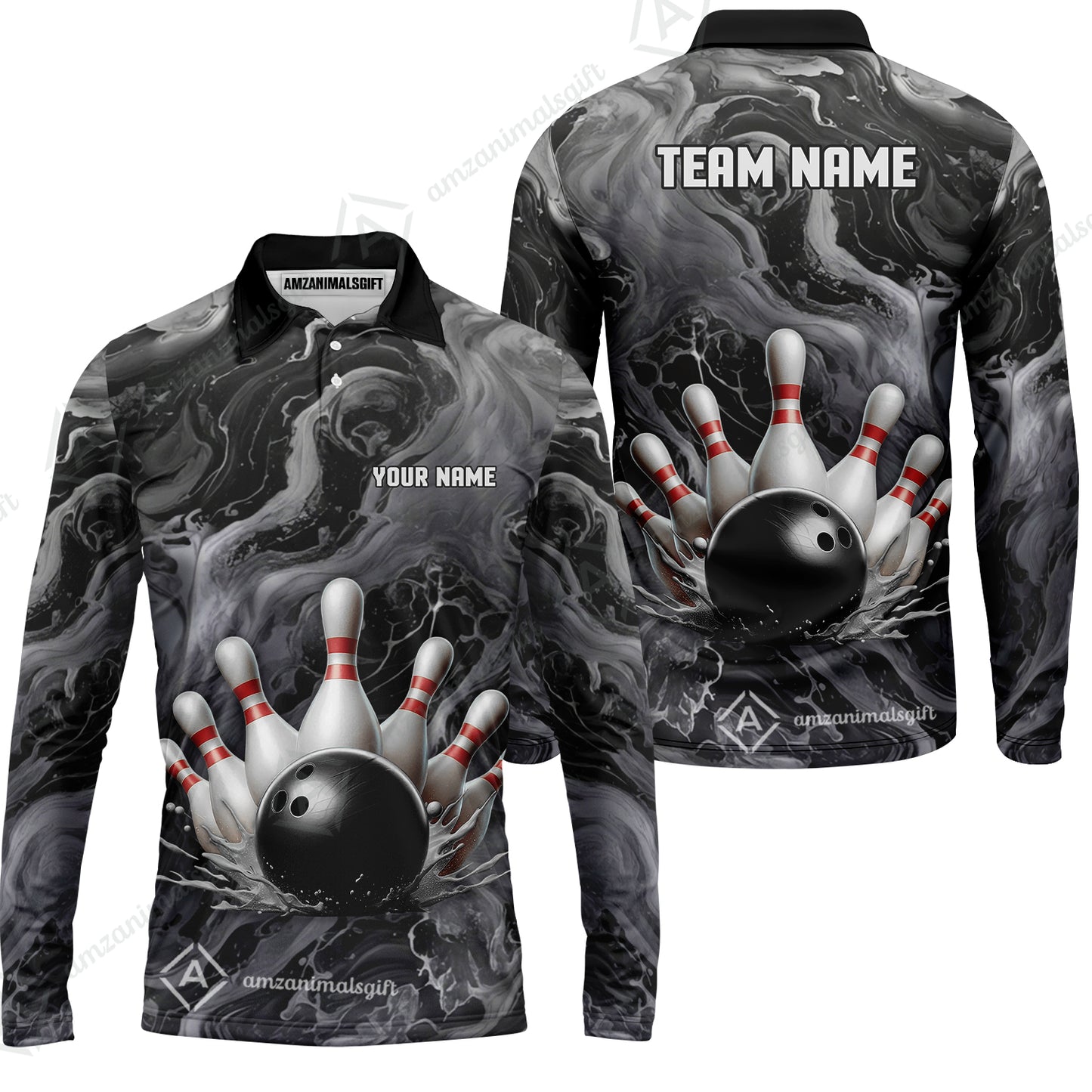 Custom Bowling Team Unisex Polo Shirt, Black Pearl Urethane Bowling Ball Marble Smoke Design for Bowlers