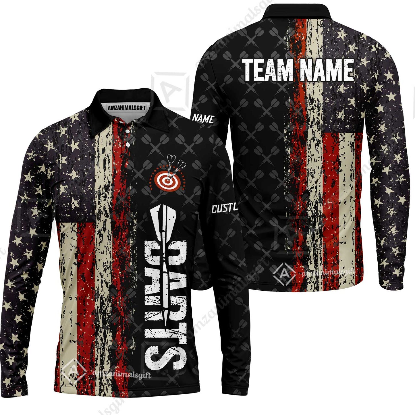 Customized American Flag Darts Polo Shirt, Darts Grunge Style Team Jersey Polo Shirt, Perfect Outfit for Darts Players