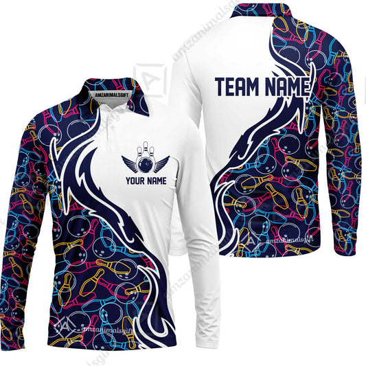 Customized Bowling Long Sleeve Polo Shirt Skittles And Balls Outline Bowling Pattern Custom Name And Team Name For Bowlers