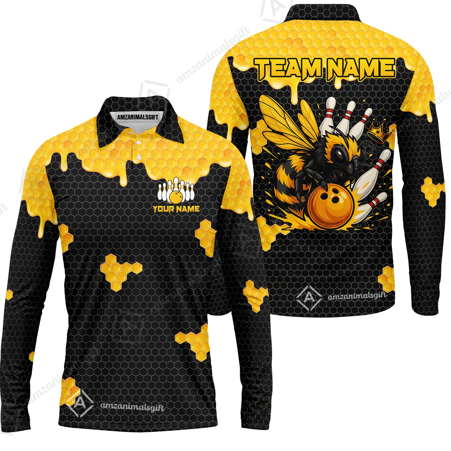 Custom Bowling Jersey Polo Shirt, Golden Honeycomb Hornet, Custom Bowling Jersey Team Shirt For Players With Name and Team Name