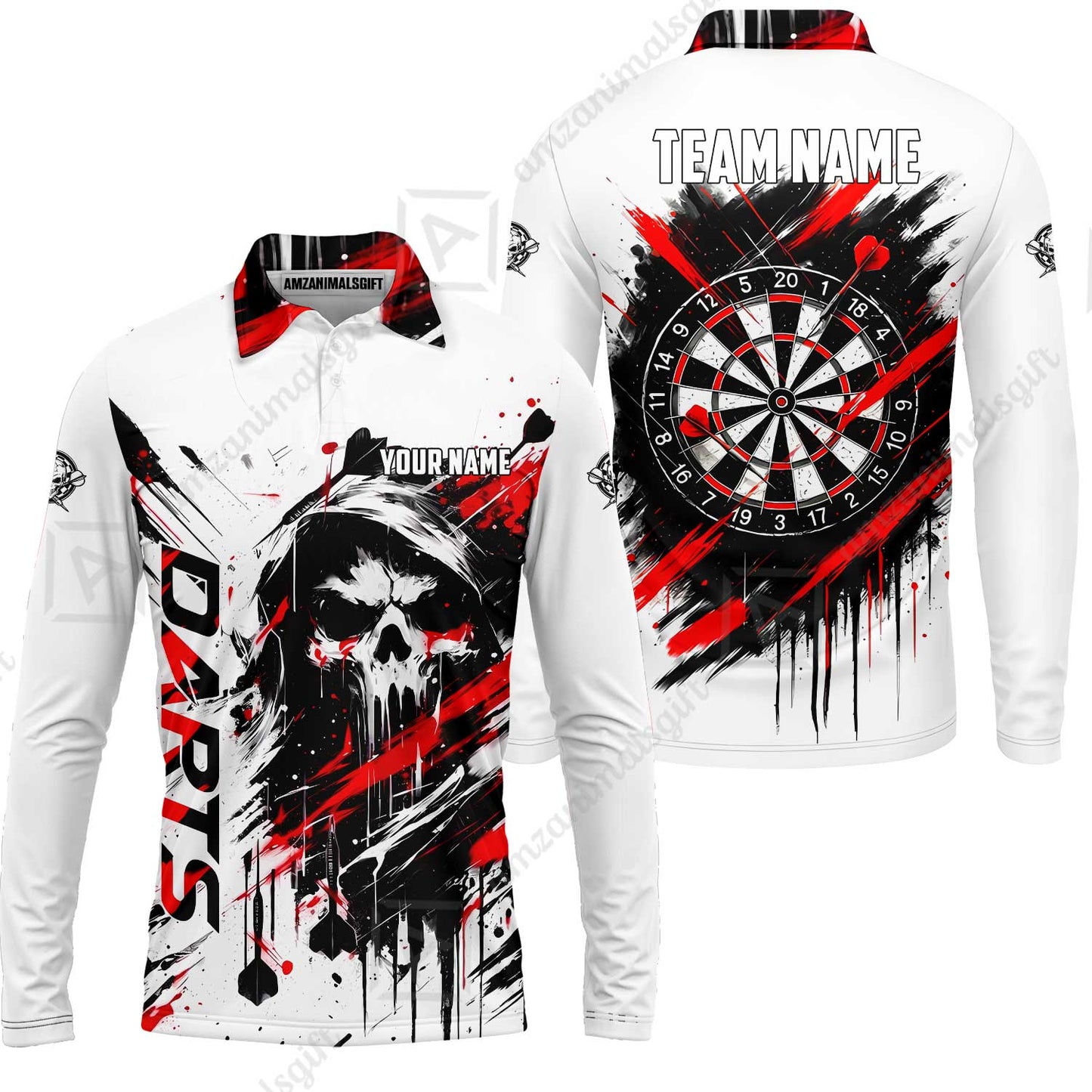 Custom Darts Jersey Polo Shirt, Grim Reaper Sketch Splatter, Custom Dart Jersey Team Shirt For Players With Name & Team Name