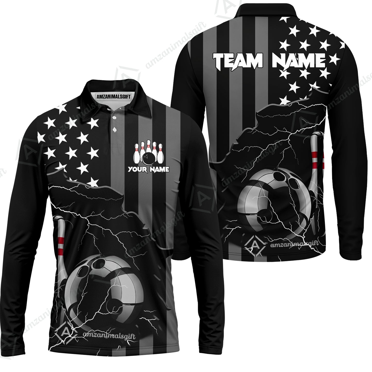 Custom Bowling Jersey Polo Shirt, Monochrome Lightning Flag Storm, Custom Bowling Jersey Team Shirt For Players With Name and Team Name