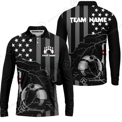 Custom Bowling Jersey Polo Shirt, Monochrome Lightning Flag Storm, Custom Bowling Jersey Team Shirt For Players With Name and Team Name