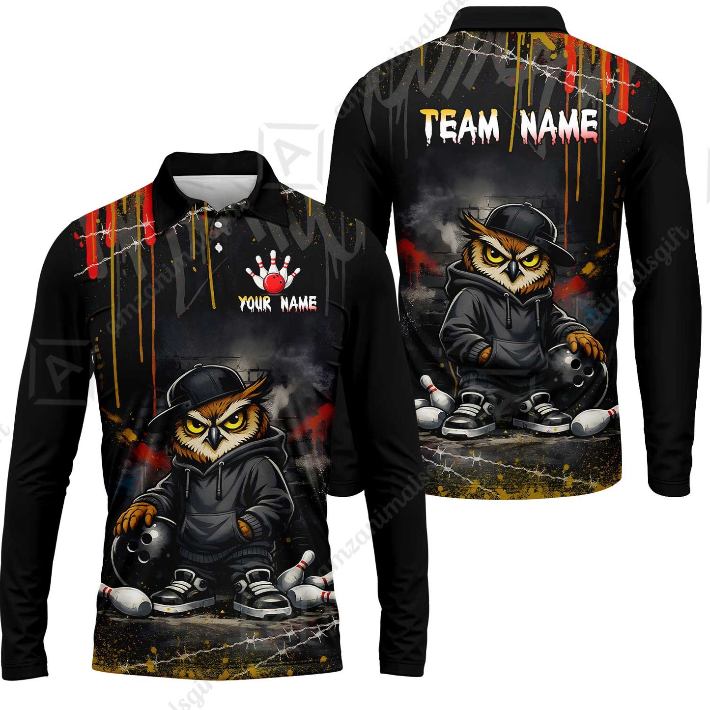 Custom Bowling Jersey Polo Shirt, Night Owl Striker Bowling, Custom Bowling Jersey Team Shirt For Players With Name & Team Name