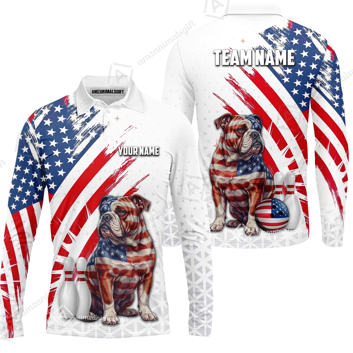 Custom Bowling Jersey Polo Shirt, Bowling US Flag Bulldog, Custom Bowling Jersey Team Shirt For Players With Name and Team Name