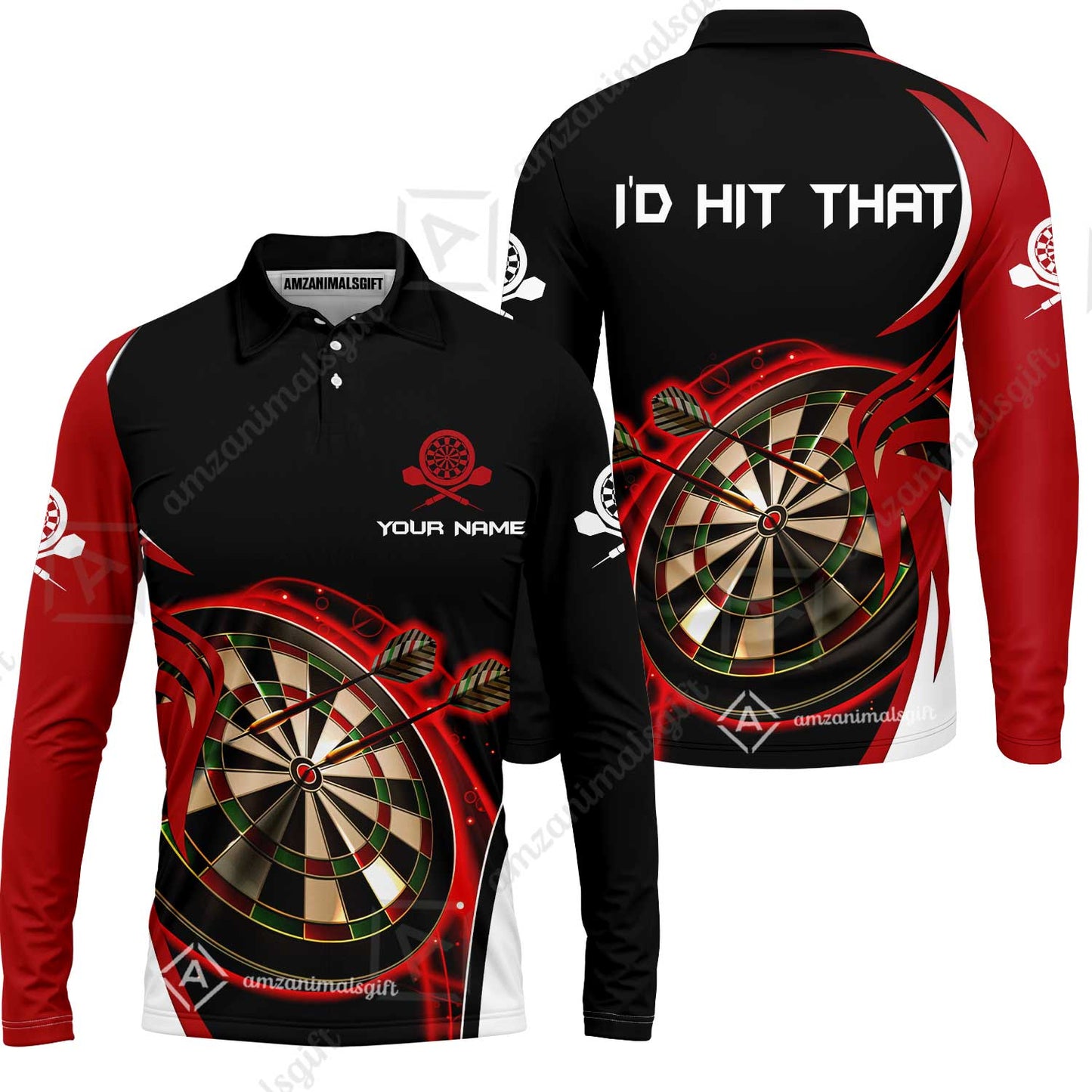 Personalised Darts Men Polo Shirts, I'D Hit That Darts Red Black Background Custom Name  Polo Shirts