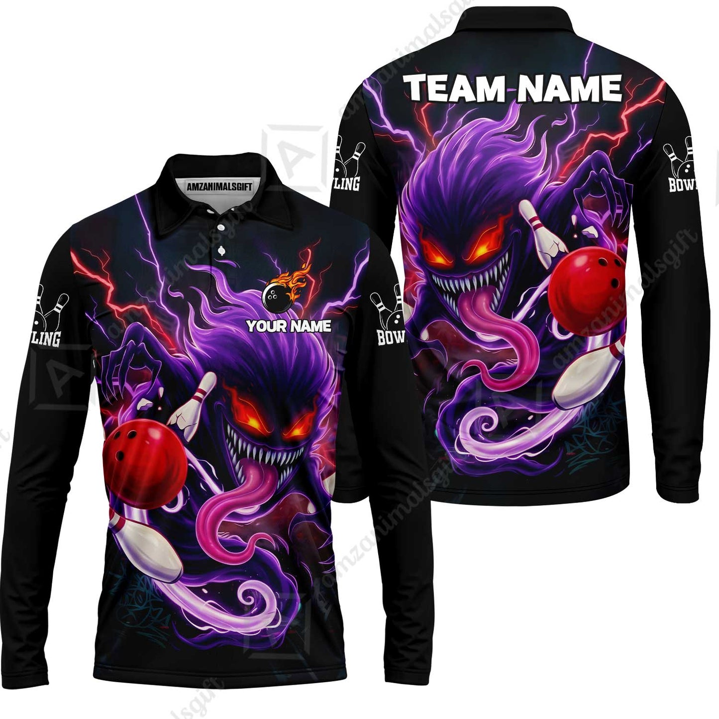 Customized Bowling Jerseys Polo Shirt, Evil Bowling Monster-Dark Bowling Spirit, Uniform Bowling - Personalized Name And Team Name