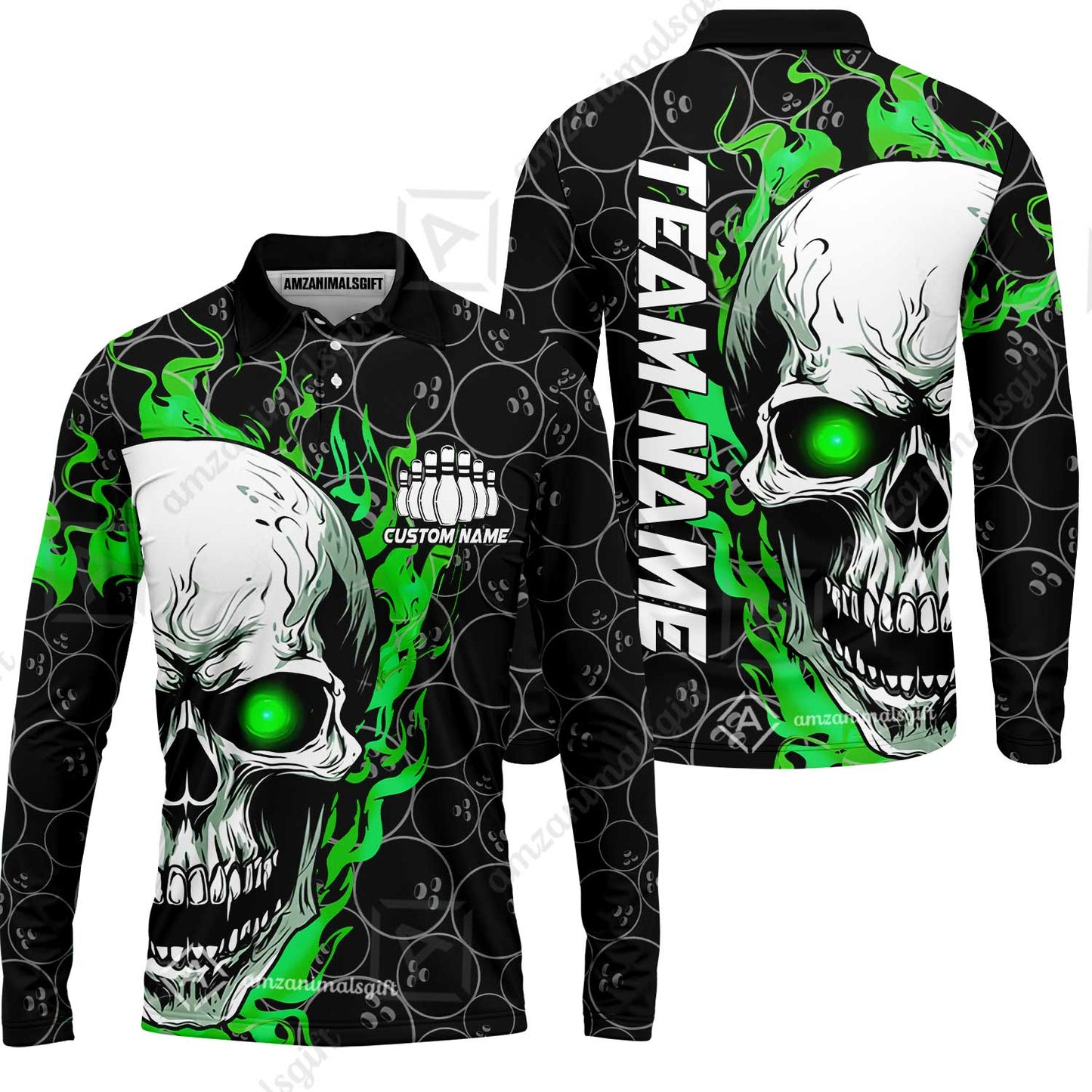 Personalized Bowling Unisex Polo Shirt, Green Flaming Skull Shirt For For Team Men Women Bowlers