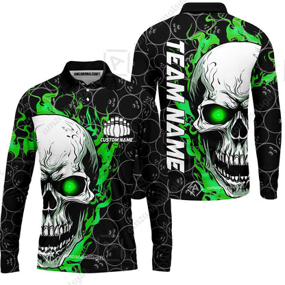 Personalized Bowling Unisex Polo Shirt, Green Flaming Skull Shirt For For Team Men Women Bowlers