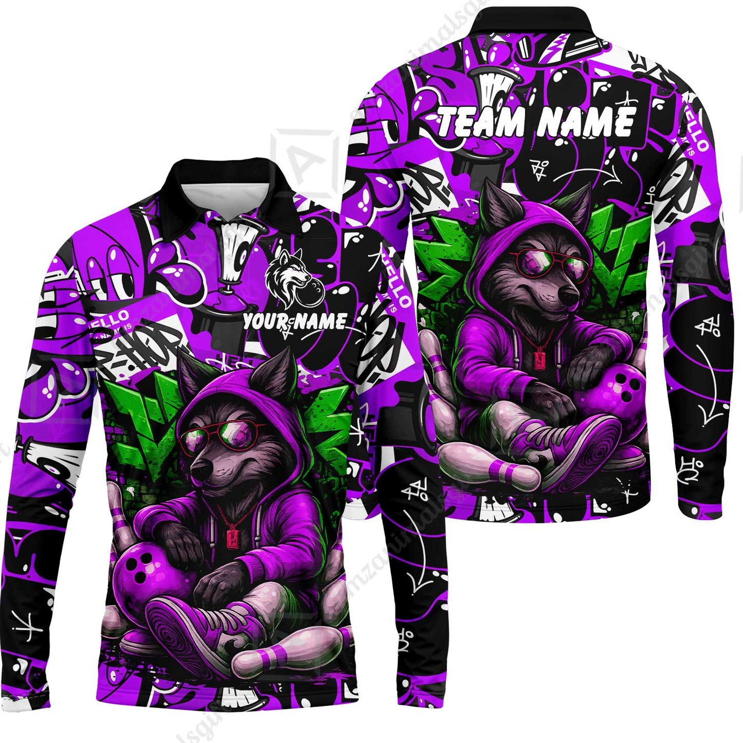 Custom Bowling Jersey Polo Shirt, Badass Wolf Mascot Bowling, Custom Bowling Jersey Team Shirt For Players With Name & Team Name