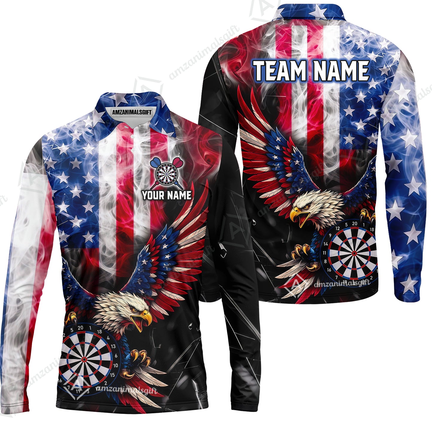 Custom Darts Jersey Polo Shirt, Patriotic Bald Eagle Darts, Custom Darts Jersey Team Shirt For Players With Name and Team Name