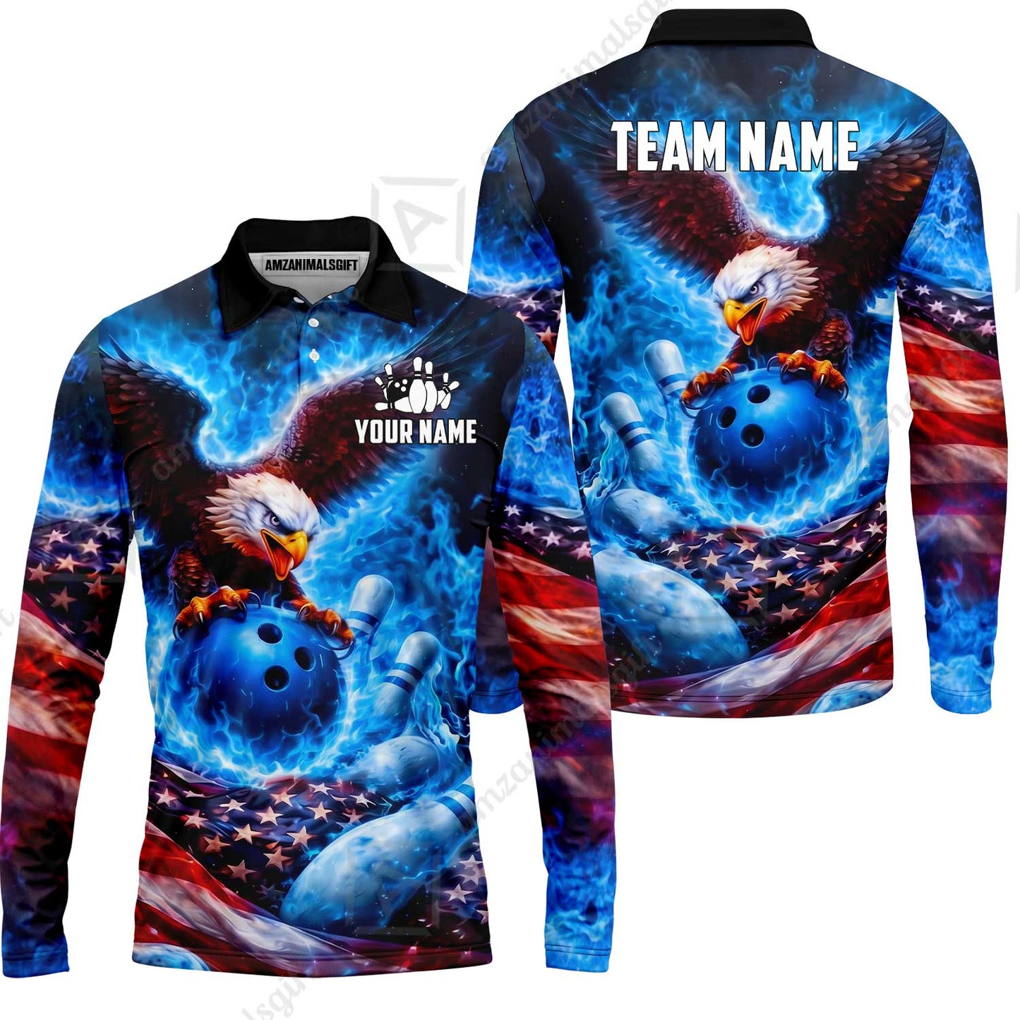 Custom Bowling Jersey Polo Shirt, Patriotic Blue Fire Eagle, Custom Bowling Jersey Team Shirt For Players With Name and Team Name