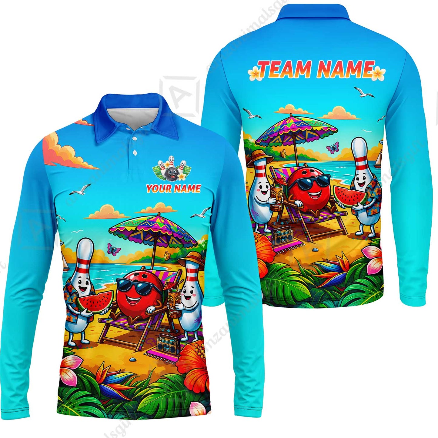 Custom Bowling Jersey Polo Shirt, Tropical Strikes, Custom Bowling Jersey Team Shirt For Players With Name and Team Name