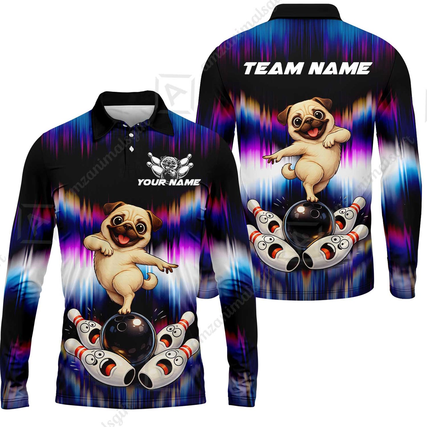 Custom Bowling Jersey Polo Shirt, Neon Cosmic Pug Bowling Custom Bowling Jersey Team Shirt For Players With Name & Team Name