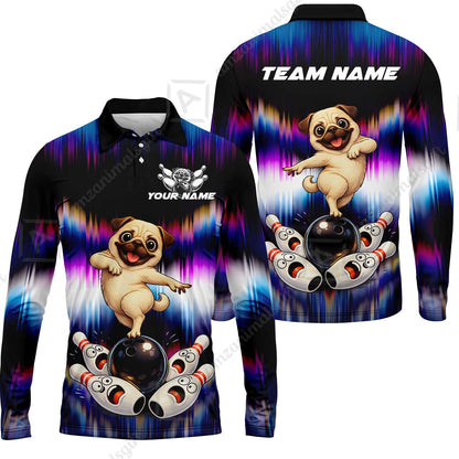 Custom Bowling Jersey Polo Shirt, Neon Cosmic Pug Bowling Custom Bowling Jersey Team Shirt For Players With Name & Team Name