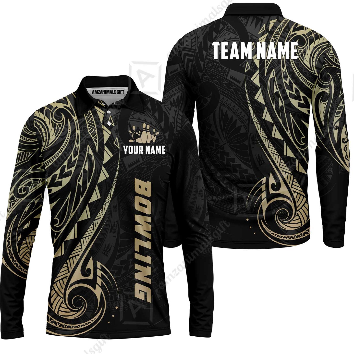 Custom Bowling Jersey Polo Shirt, Polynesian Maori Tribal Tattoo Bowling, Custom Bowling Jersey Team Shirt For Players With Name and Team Name