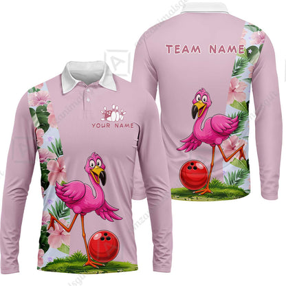 Custom Bowling Jersey Polo Shirt, Tropical Pink Flamingo Floral, Custom Bowling Jersey Team Shirt For Players With Name and Team Name