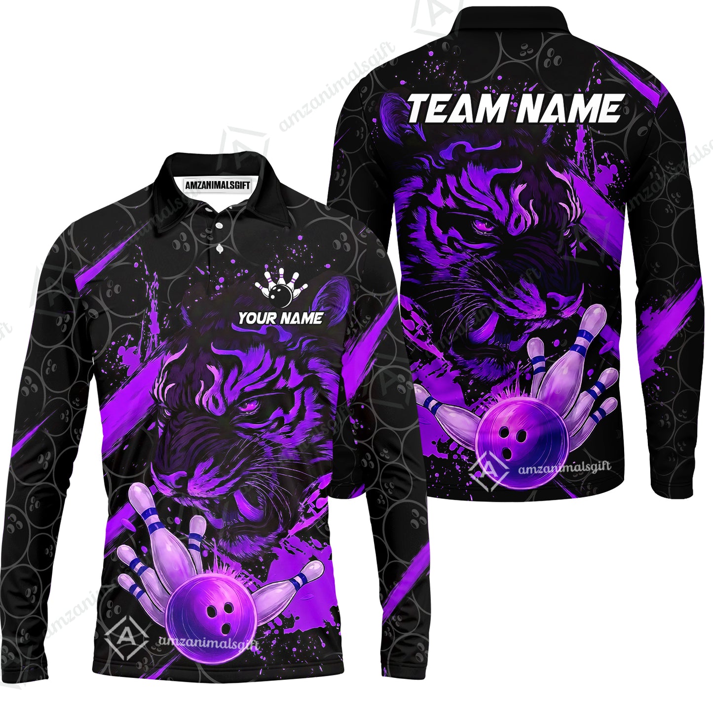 Customized Bowling Unisex Polo Shirt, Tiger Ball Striking Pins, Bowling Uniforms, Personalized Name And Team Name
