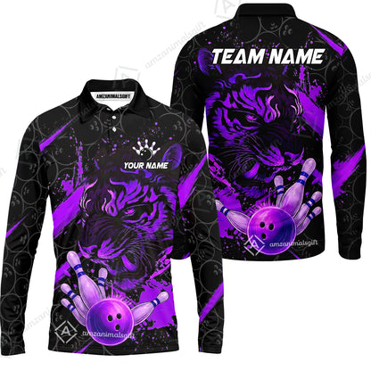 Customized Bowling Unisex Polo Shirt, Tiger Ball Striking Pins, Bowling Uniforms, Personalized Name And Team Name