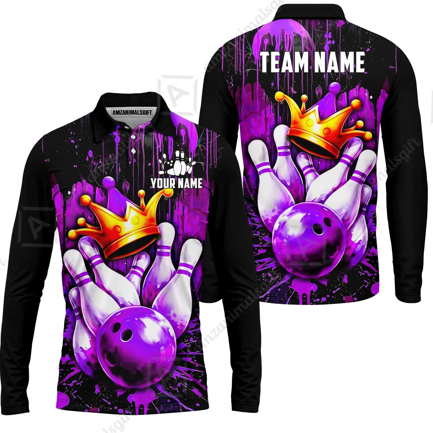 Custom Bowling Jersey Polo Shirt, Neon King Crown, Custom Bowling Jersey Team Shirt For Players With Name and Team Name