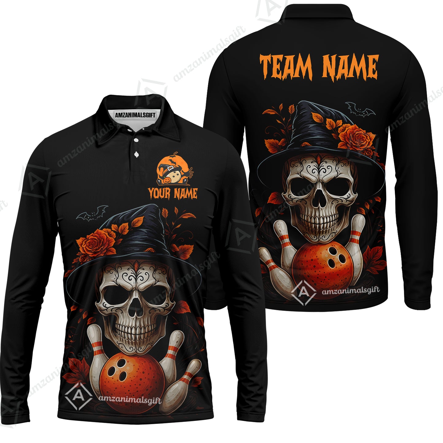 Customized Bowling Shirt, Halloween Skull Witch, Personalized Polo Shirt For Players With Name & Team Name