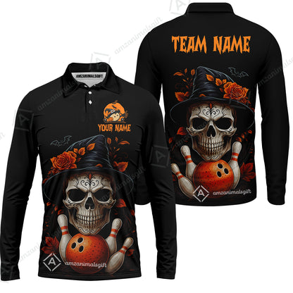 Customized Bowling Shirt, Halloween Skull Witch, Personalized Polo Shirt For Players With Name & Team Name