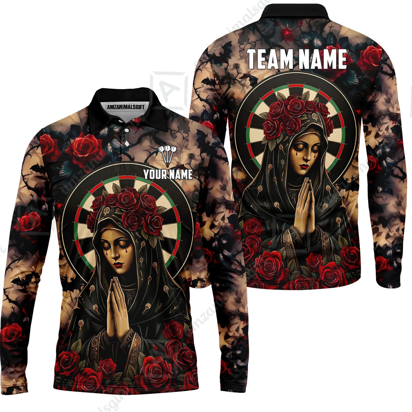Custom Darts Jersey Polo Shirt, Gothic Madonna And Blue Rose, Custom Dart Jersey Team Shirt For Players With Name & Team Name