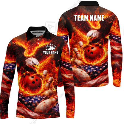 Custom Bowling Jersey Polo Shirt, Patriotic Blue Fire Eagle, Custom Bowling Jersey Team Shirt For Players With Name and Team Name