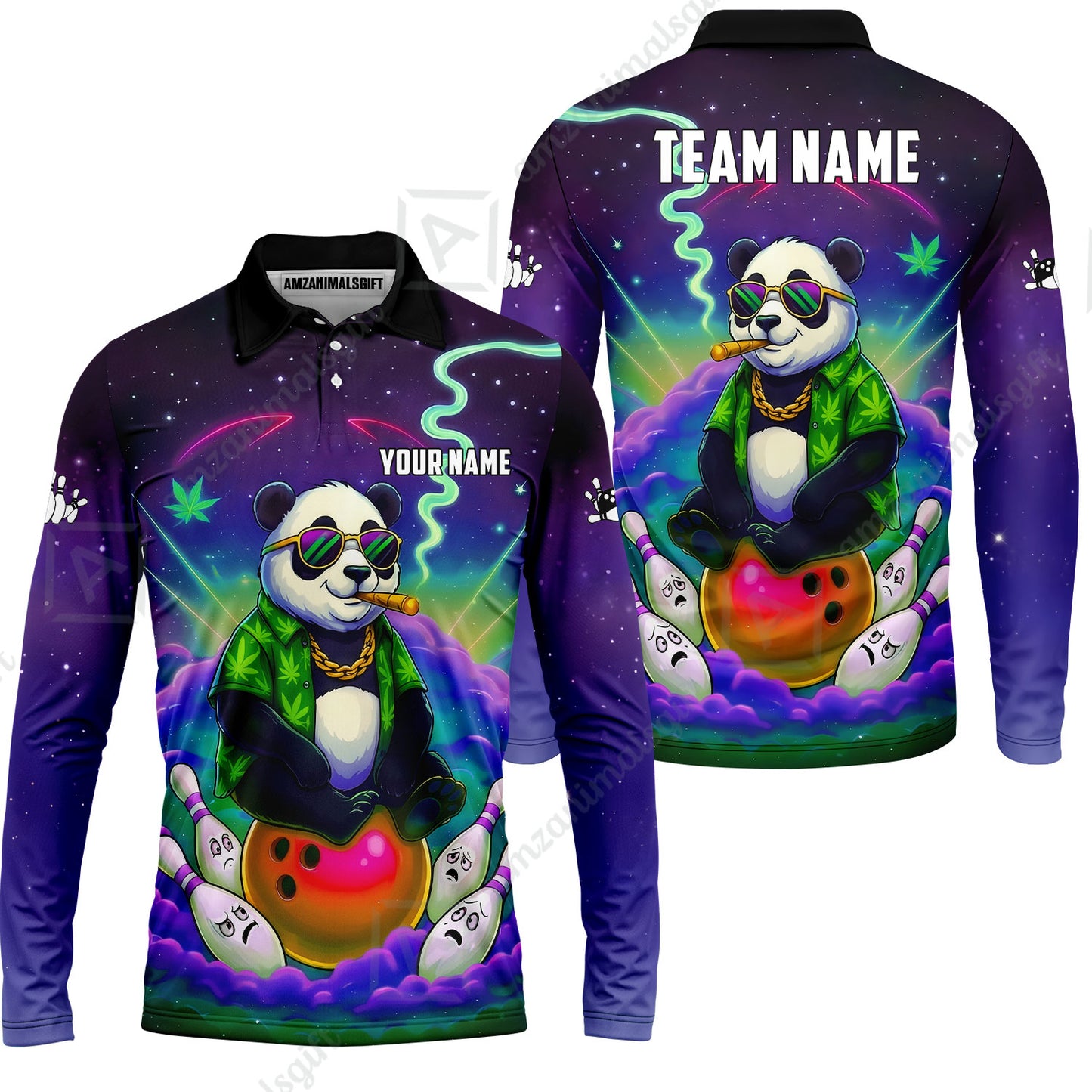 Custom Bowling Jersey Polo Shirt, Chill Panda & Cosmic Vibe, Custom Bowling Jersey Team Shirt For Players With Name & Team Name