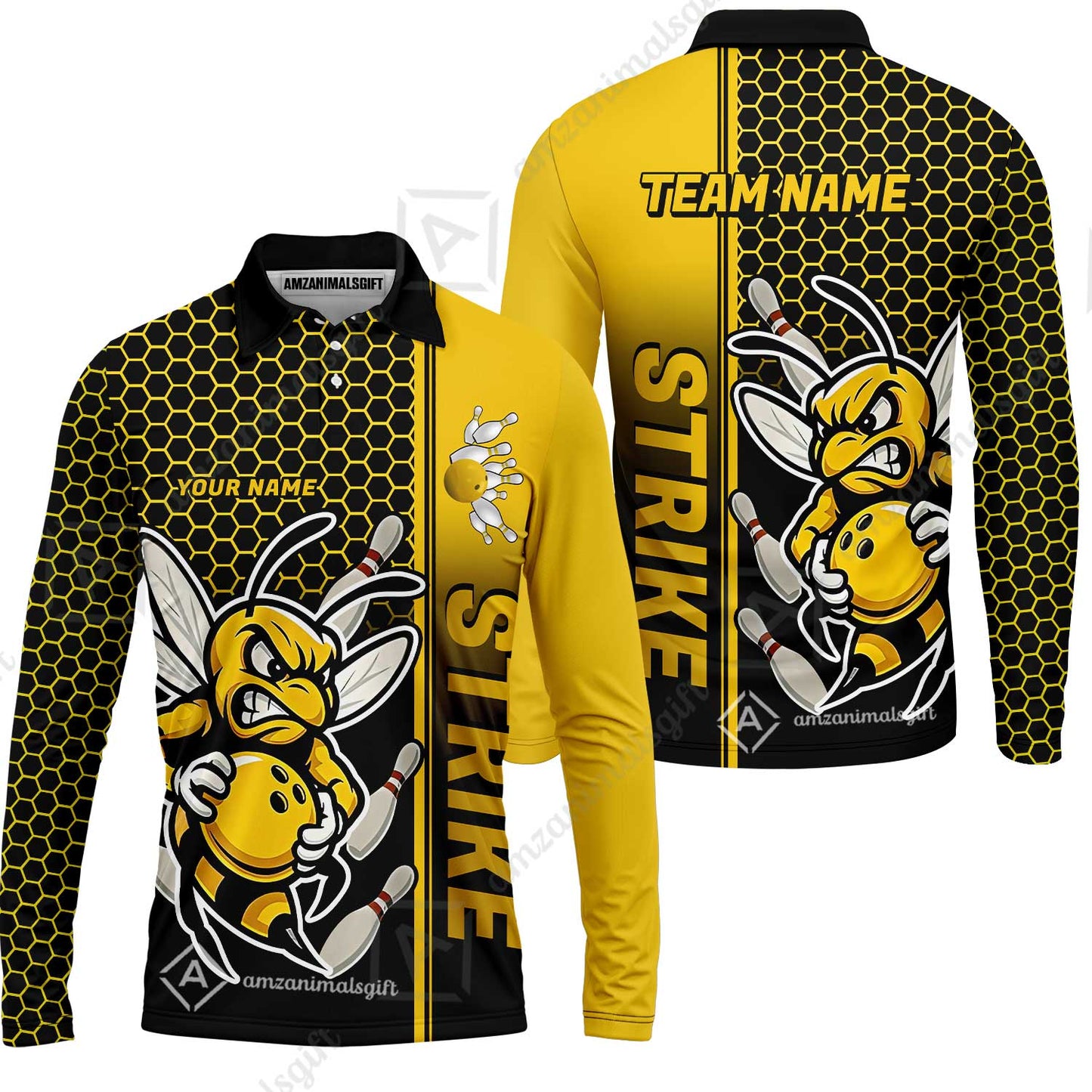 Custom Bowling Team Jersey, Bowling Honeycomb Angry Bee Strike Polo Quarter-Zip Shirts, Bowling Uniforms Jerseys, Personalized Name And Team Name