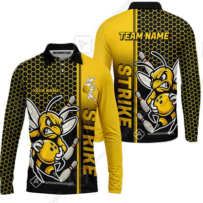Custom Bowling Team Jersey, Bowling Honeycomb Angry Bee Strike Polo Quarter-Zip Shirts, Bowling Uniforms Jerseys, Personalized Name And Team Name