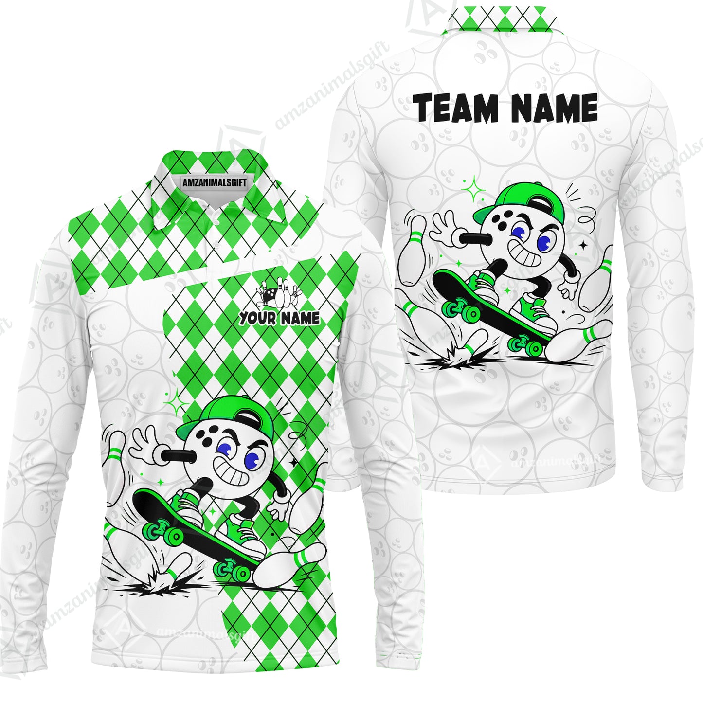 Custom Bowling Jersey Polo Shirt, Skateboarder Bowling Ball Mascot, Custom Bowling Jersey Team Shirt For Players With Name and Team Name