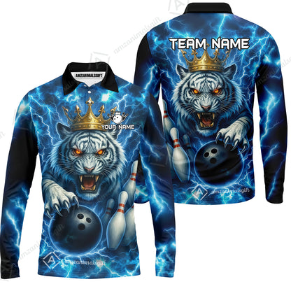 Custom Bowling Team Quarter-Zip Polo Shirt, Bowling White Tiger Lighting Shirt, Personalized Team Shirt with Custom Name