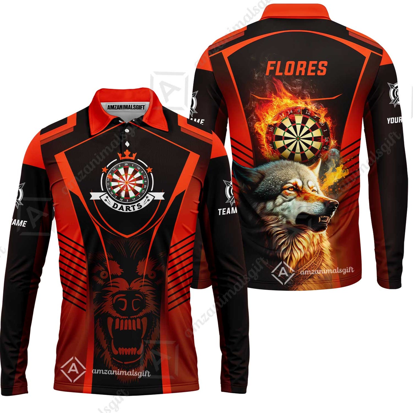 Custom Name Darts Men Polo Shirt, Orange Wolf Dartboard Personalized Polo Shirts, Gift For Men, Darts Lovers, Darts Players