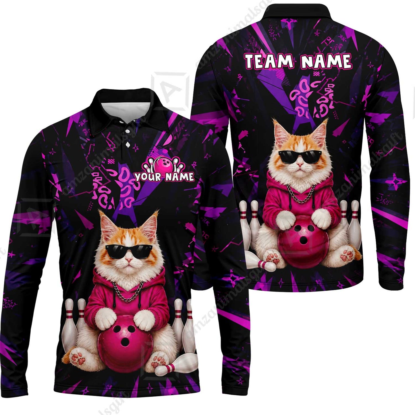 Custom Bowling Jersey Polo Shirt, Neon Hip Cat, Custom Bowling Jersey Team Shirt For Players With Name and Team Name