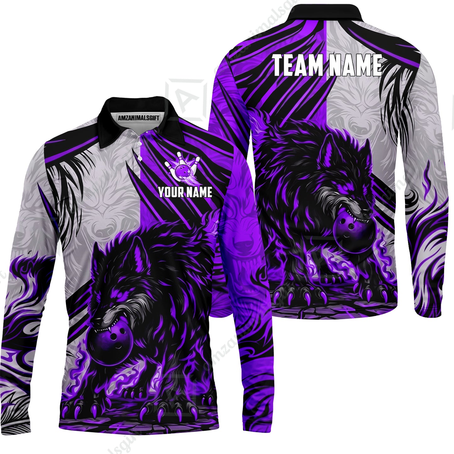 Custom Bowling Jersey Polo Shirt, Lone Wolf Strike & Emerald Frost, Custom Bowling Jersey Team Shirt For Players With Name & Team Name