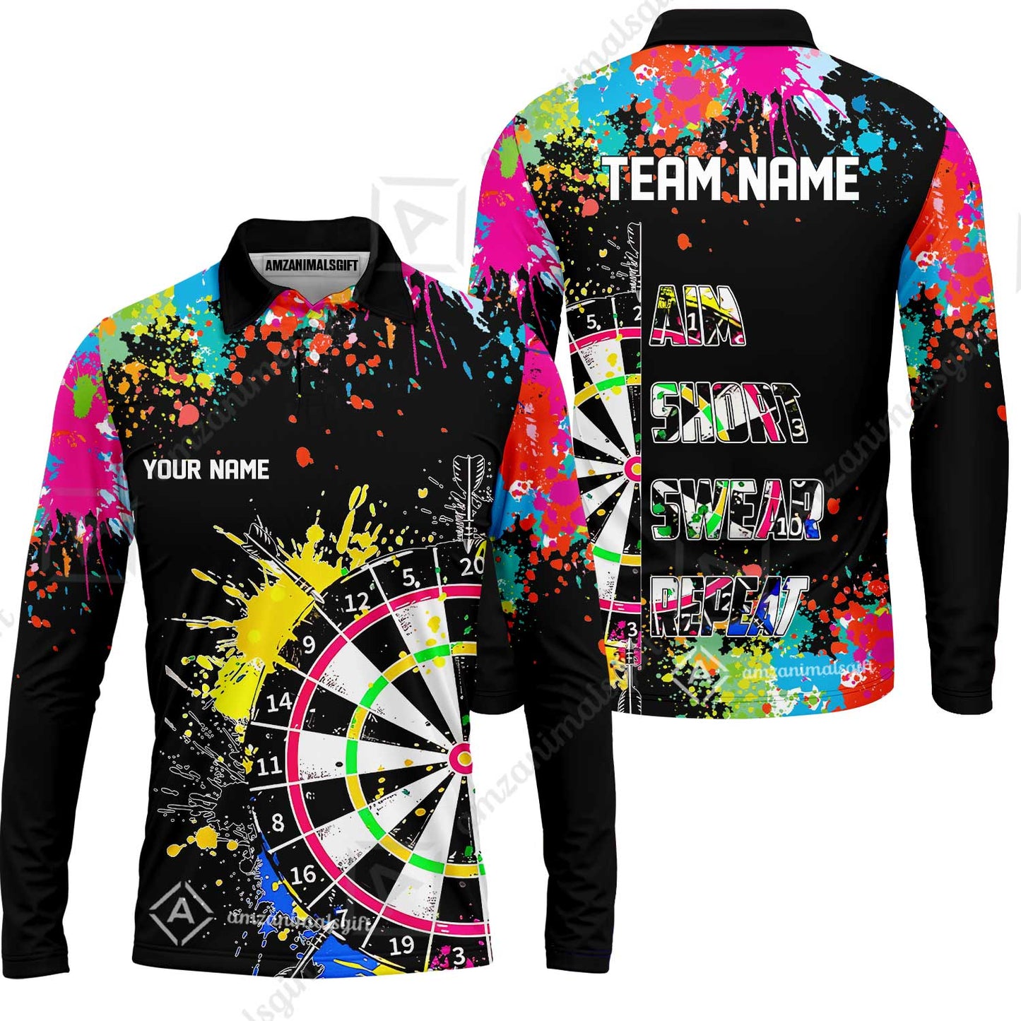 Custom Funny Dartboards Colorful Paint Quarter Zip Polo Team Shirts,  Custom Aim Shoot Swear Repeat Darts Team Jerseys Uniform