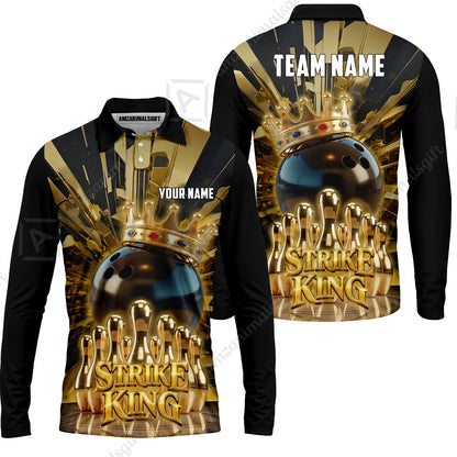 Custom Bowling Jersey Polo Shirt, Luxury Gold Strike King Crown, Custom Bowling Jersey Team Shirt For Players With Name and Team Name