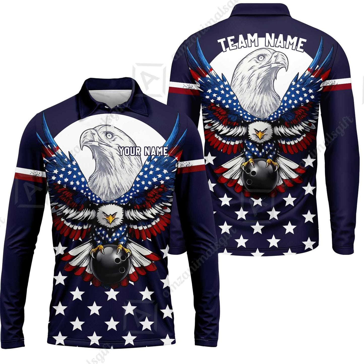 Custom Bowling Jersey Polo, Eagle American Flag, Custom Bowling Jersey Team Shirt For Players With Name & Team Name
