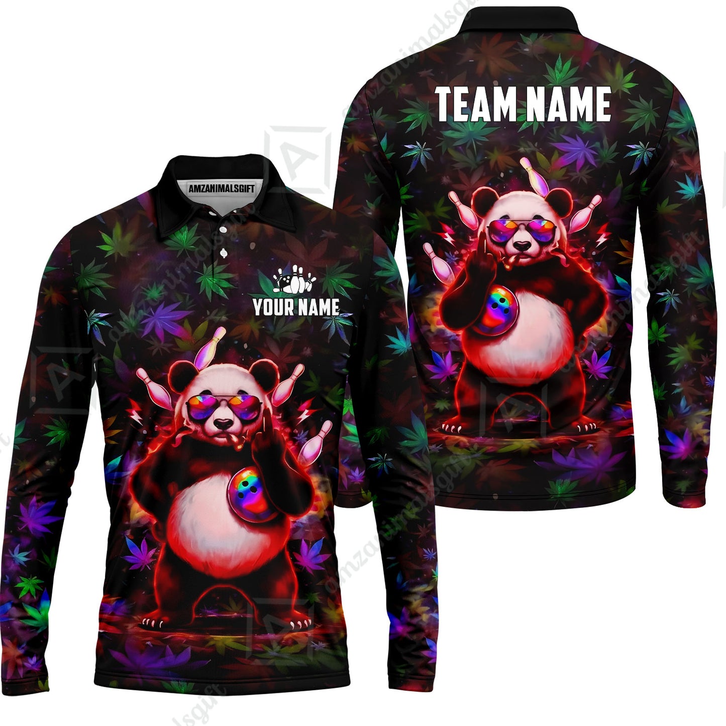 Custom Bowling Jersey Polo Shirt, Badass Stoner Panda & Psychedelic Leaves, Custom Bowling Jersey Team Shirt For Players With Name & Team Name