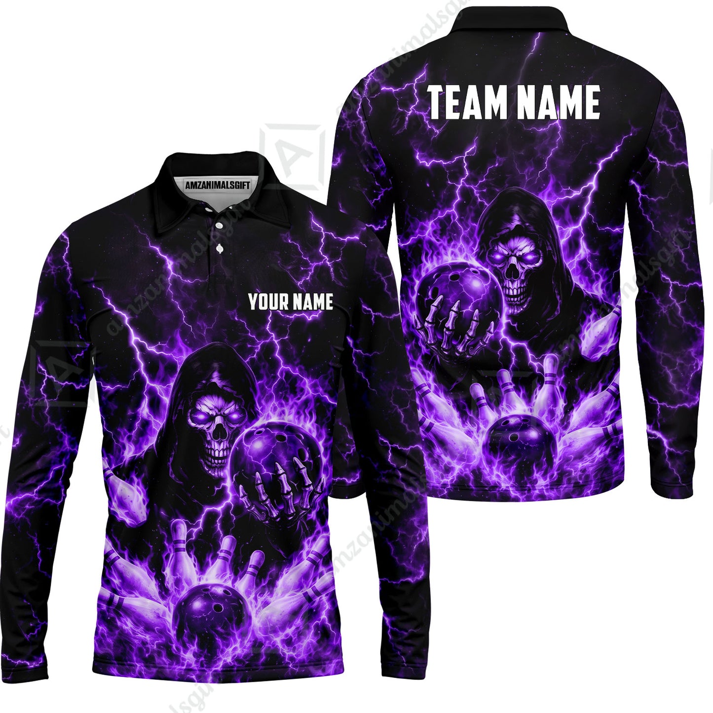 Custom Bowling Jersey Polo Shirt, Lightning Grim Reaper, Custom Bowling Jersey Team Shirt For Players With Name & Team Name