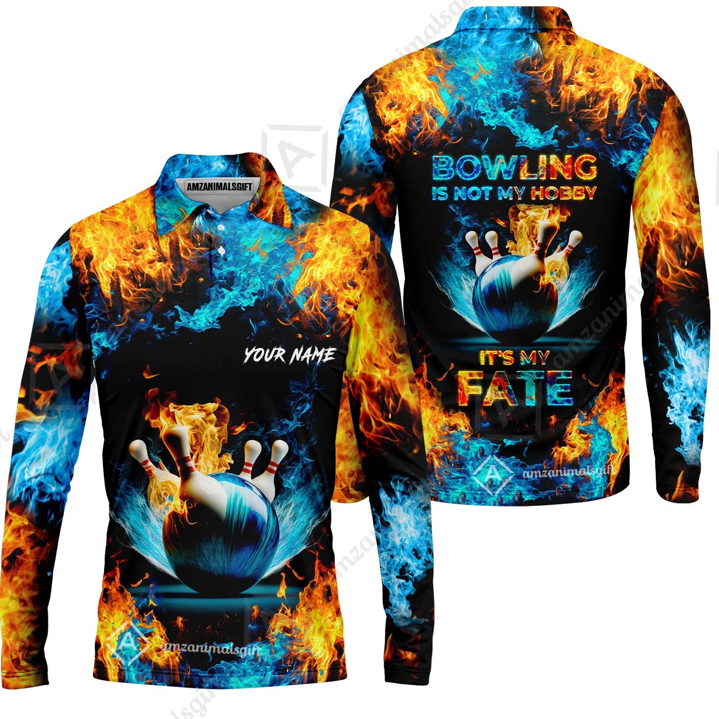 Bowling Custom Zip Polo Shirt - Custom Name Blue Bowling Ball And Pins On Fire Personalized Bowling Zip Polo Shirt