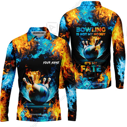 Bowling Custom Zip Polo Shirt - Custom Name Blue Bowling Ball And Pins On Fire Personalized Bowling Zip Polo Shirt