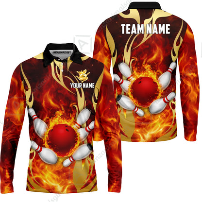 Custom Bowling Jersey Polo Shirt, Abyssal Fire & Golden Flames, Custom Bowling Jersey Team Shirt For Players With Name & Team Name